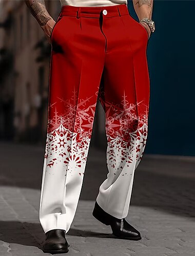  クリスマス メンズ クリスマス シーン プリント パンツ スノーフレーク ビジネス カジュアル 3D プリント ズボン アウトドア ストリート ウェア 仕事用 ポリエステル 黒と白 ワイン イエロー S M L 高弾性パンツ