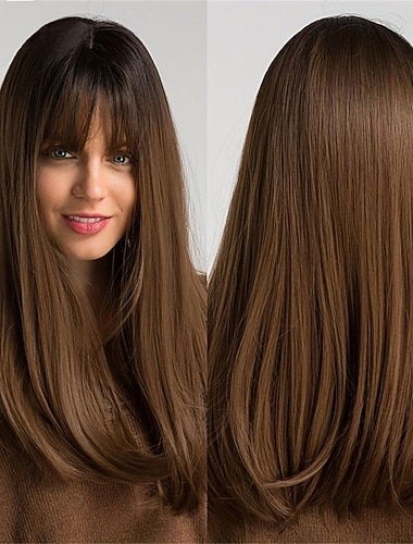  Perucas longas e retas, marrom escuro, 20 polegadas, com franja, sintética, resistente ao calor, sem renda, para uso diário, festa, cosplay