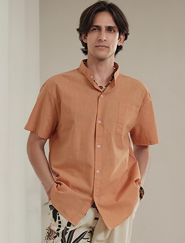  10% linnen Voorvak Voor heren linnen overhemd Normaal shirt Zwart Wit Geel Korte mouw Effen Henley Lente zomer Hawaii Feestdagen Kleding