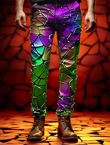  Kleurenblok Kleurrijk Glas Zakelijk Abstract Voor heren 3D-afdrukken Pakken Broeken Buiten Alledaagse kleding Streetwear Polyester Rood Blauw Paars S M L Middelhoge taille Elasticiteit Broek