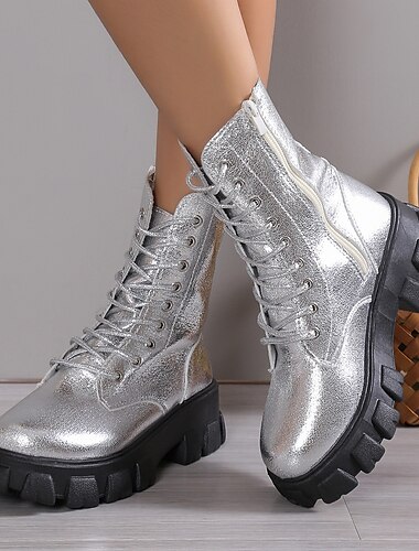  Women's Boots Biker boots Combat Boots Metallic Boots Outdoor Daily Solid Color Cut-out Knee High Boots Winter Buckle Zipper Platform Vintage Casual Comfort Faux Leather Zipper Black Silver