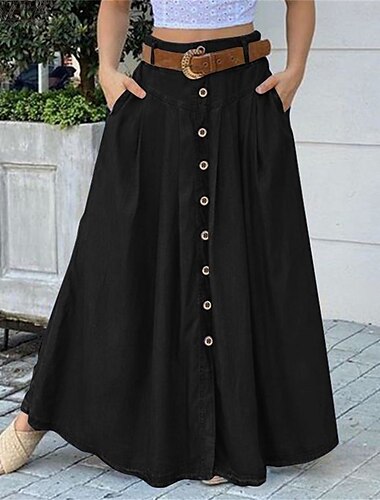  Damenrock A-Linie Swing Langer Rock Maxi Hohe Taille Röcke Tasche Unifarben Street Alltag Wintermode Casual Schwarz Wein Königsblau