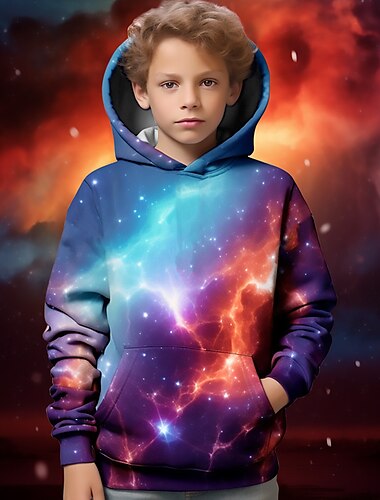  Jungen 3D Galaxis Kapuzenshirt Langarm 3D-Druck Aktiv Basic kinderkleidung Schulanfang