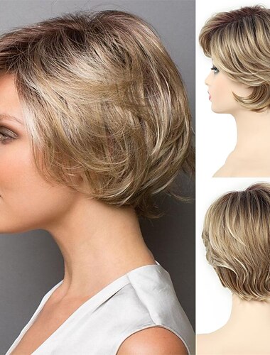  parrucche corte bionde con taglio pixie per donne bianche parrucche bionde corte ondulate a strati con radici scure parrucche sintetiche da donna dall'aspetto naturale