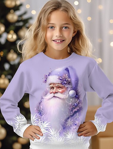  Jul Jente 3D julenissen Genser Pullover Rosa Langermet 3D-utskrift Høst Vinter Mote Gatemote Bedårende Polyester Barn 3-12 år Crew-hals utendørs Avslappet Daglig Normal