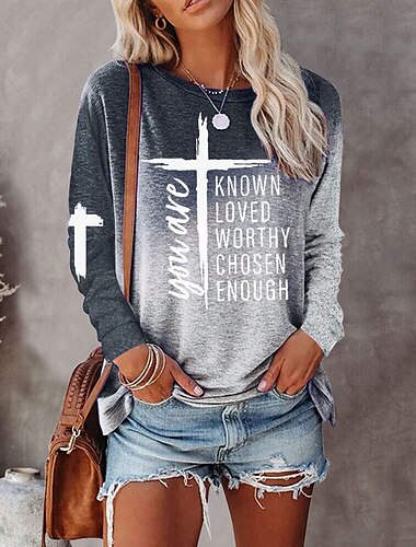  Women's T Shirt Basic Print Long Sleeve Regular Tops Round Neck Daily Weekend Orange Green Gray Spring &  Fall Fall & Winter you are KNOWN LOVED WORTHY CHOSEN ENOUGH