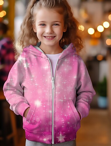  Lány 3D Színátmenet Kapucnis felsőrész Kabát Ruházat Rózsaszín Hosszú ujj 3D nyomtatás Ősz Tél Aktív Divat aranyos stílus Poliészter Gyerekek 3-12 év Szabadtéri Hétköznapi Napi Normál