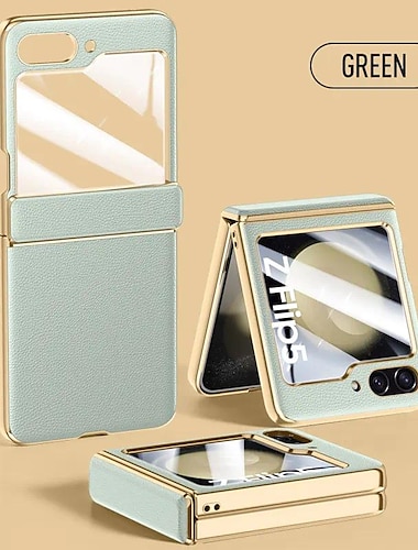  Telefoonhoes voor Samsung Galaxy Z Flip 6 Z Flip 5 Hoes Eenvoudig Leer met Gestold Glas Scharnier Volledige Vouw Schokbestendig Hard Cover Accessoires