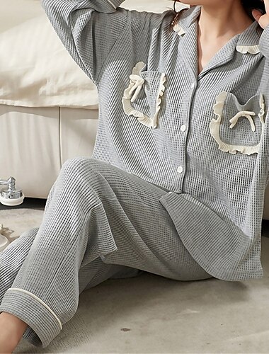  Damen-Pyjama-Sets mit Buchstaben, lässig, bequem, für zu Hause, für das tägliche Bett, Baumwolle, atmungsaktiv, Revers, langärmeliges Hemd, Hose, Knopftasche, Herbst-Winter-Home-Outfits