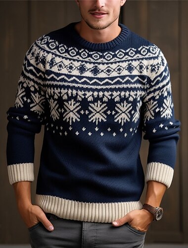  stygg julegenser herregensere med trykk snøfnuggtrykk strikkegenser genser strikketøy nyttårsaften genser utendørs daglig ferie langermet crewnecks marineblå blå mørkeblå høst vinter