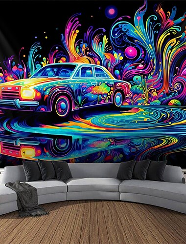  Schwarzlicht-Wandteppich, UV-reaktiv, leuchtet im Dunkeln, Vintage-Auto, trippy, neblige Naturlandschaft, hängender Wandteppich, Wandkunst-Wandbild für Wohnzimmer, Schlafzimmer