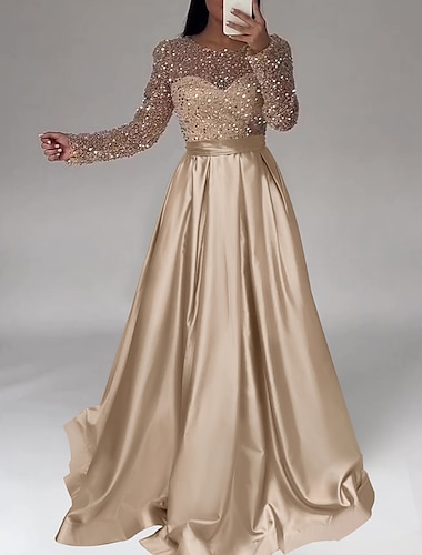  A-Line Evening Gown Elegant Dress Wedding Black Tie Floor Length Long Sleeve Jewel Neck Satin with Sequin 2024