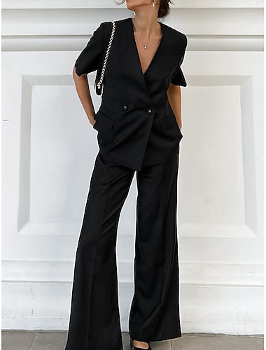  Women's Blazer Suits Short Sleeve Blazer & Pant Formal Business Office Set Fashion Party Wedding Jacket Summer Black