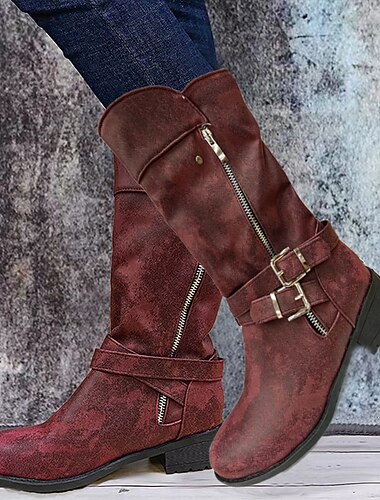  Damen Stiefel Slouchy-Stiefel Übergrössen Täglich Einfarbig Stiefel mit mittlerer Wade Winter Schnalle Niedriger Absatz Runde Zehe Kunstleder Reißverschluss Wein Schwarz