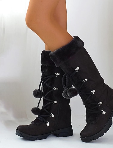  Botas de invierno de piel sintética negra para mujer con cordones de pompones: diseño cálido y aislante hasta la rodilla, suelas antideslizantes para clima frío y días nevados