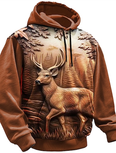  Hombre Graphic Venados Sudadera Sudaderas Sudadera Manga Larga Sudadera con capucha Con Capucha Moda Impresión 3D Deporte Festivos Vacaciones Azul Piscina Marrón Estampado Bolsillo delantero
