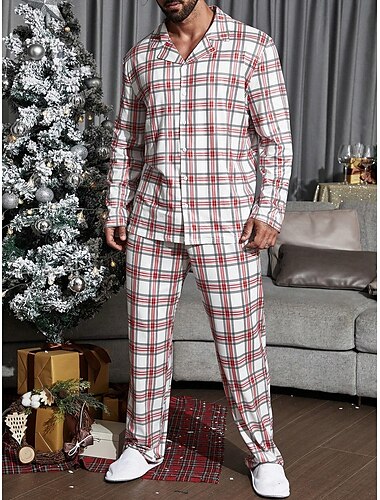  Herren Hausanzug Schlafanzüge Schlafanzug Set Pyjama-Oberteil und Hose 2 Stück Plaid Stilvoll Brautkleider schlicht Komfort Heim Täglich Bett Baumwollmischung Komfort Weich Kargen Langarm Hemd Hose