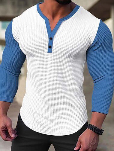  Homens Camiseta Waffle Camisa Waffle Camiseta Botão Camiseta Manga Longa Henley Primavera & Outono Bloco de cor Moda Designer Básico Patchwork Férias Rua Para Noite Preto Branco Azul Top Tee para