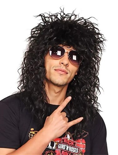  pánská paruka z 80. let dlouhé černé kudrnaté paruky rockerský kostým paruka pánská móda chytrý rockerský styl paruka cosplay paruka na karneval