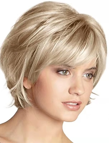  Perruque blonde courte avec frange blonde mélange perruques brunes pour femmes blanches perruques de cheveux synthétiques moelleux naturels perruques pour femmes