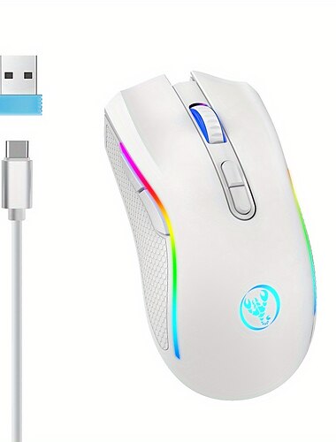  2,4 g kabellose Maus, RGB-Licht, wiederaufladbar, 4800 dpi, verstellbar, USB, Plug-and-Play, optische Maus, Spiel, Heimbüro, Schwarz/Weiß