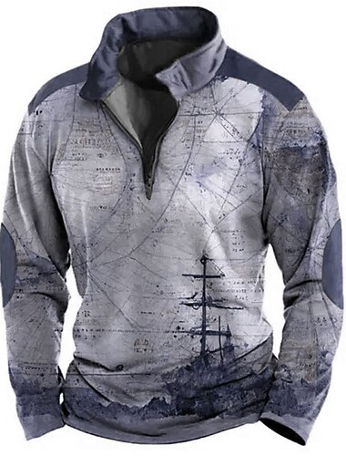  Herren Karte Reißverschluss-Polo Langarm Polo-Shirts Reißverschluss Vintage Outdoor Alltagstauglich Streetwear 3D Druck Herbst Winter Purpur Braun Grün
