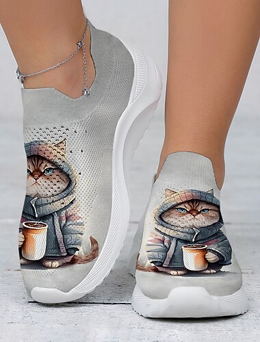  Slip-On-Sneaker für Damen mit süßem Katzen-Print, leichte und atmungsaktive Wanderschuhe, bequeme und stylische Freizeitschuhe, perfekt für den Alltag