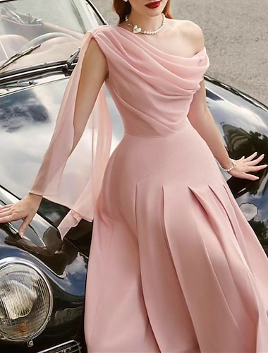  A-Line Wedding Guest Dress Semi-formal Elegant Dress Tea Length Sleeveless Cowl Neck Stretch Chiffon with Ruched 2024