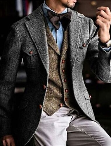  Herren-Retro-Vintage-Tweed-Blazer mit Fischgrätenmuster, normal, Übergröße, einreihig, zwei Knöpfe, Schwarz, Burgunderrot, Grün, Khaki, 2024