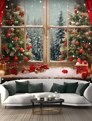  julepynt juletre hengende billedvev vinter vindu utsikt veggkunst jul stor billedvev veggmaleri dekor fotografi bakteppe teppe gardin hjem soverom stue dekorasjon