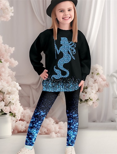  Chica 3D Sirena Conjunto de sudadera y leggings Manga Larga Impresión 3D Otoño Invierno Activo Moda Diario Niños 3-12 años Cuello Barco Exterior Vacaciones Cita Ajuste regular