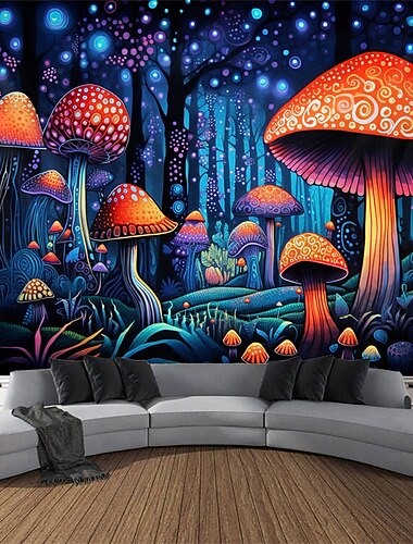  Schwarzlicht-Wandteppich, UV-reaktiv, leuchtet im Dunkeln, Pilze, trippy neblige Naturlandschaft, hängender Wandteppich, Wandkunst-Wandbild für Wohnzimmer, Schlafzimmer