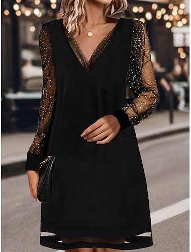  Mini robe Femme robe noire manche longue Printemps Automne - Elégant Mode Soirée Paillettes Maille Couleur monochrome Col V 2023 Noir S M L XL XXL 3XL