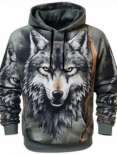  Pánské Grafika Zvíře Vlk Kapuce Kapucky Mikina Denní Základní Dlouhý rukáv Kapuce Dovolená Outdoorové sporty Streetwear Tmavě šedá Tisk Přední kapsa Jaro & podzim Návrhář