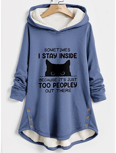  Felpa con Cappuccio da Donna Sweatshirt Pullover Fodera in Fleece Pigiama Caldo Fodera in Fleece Sherpa Gatto Lettere Stampa Sport Casual Stampa Pulsante Calda Divertente Fuzzy Maniche Lunghe Top