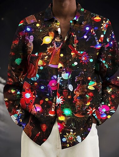  Weihnachten Herren Laternen Hemd Knopfhemd Langarm Brautkleider schlicht Freizeitskleidung Ausgehen Wochenende Umlegekragen Button-Down Gray+Violett Burgunderrot Blau Gold Regenbogen