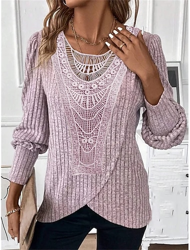  Women's Shirt Lace Shirt Blouse Plain Lace Casual Fashion Long Sleeve Round Neck Pink Spring