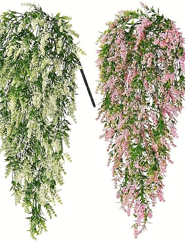  2 piezas de flores colgantes falsas, ramo de lavanda artificial, plantas colgantes, hojas de vid de hiedra falsas para patio, hogar, dormitorio, boda, decoración de pared interior y exterior, decoración del hogar, decoración estética de la habitación