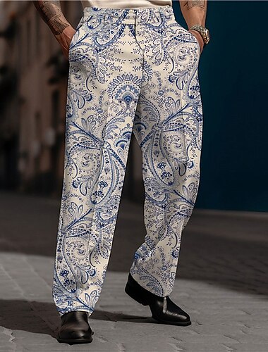  Paisley Vintage Herr 3D-utskrift Kostymbyxor Byxor Utomhus Gata Klä till Jobbet Polyester Svart Vit Blå S M L Hög Elasticitet Byxor