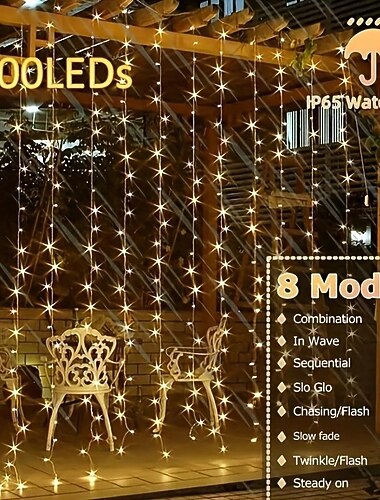  Utomhus solenergi gardinsträngljus 3 * 3M-300LED/3 * 2M-200LED/3 * 1M-100LED 8 belysningslägen IP65 vattentålig lämplig för hem trädgård veranda bakgårdsbröllopsfester tacksamhet