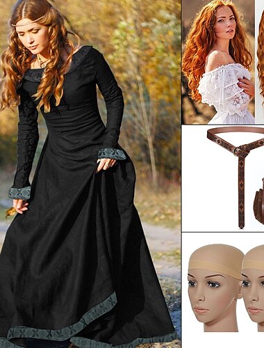  Set mit mittelalterlichem Kleid, langen wasserwellenroten Perücken, Taillengürteltasche, 2* Perückenkappen, Renaissance-Vintage-Kleid, Outlander, Wikinger, Übergröße, Damen-Cosplay-Kostüm, Halloween,