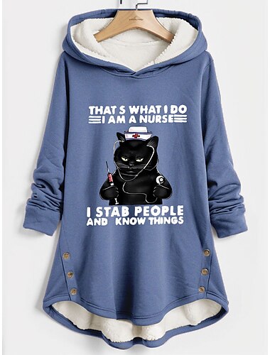  Damen-Kapuzenpullover, Sweatshirt, Pullover, Fleece-gefüttert, Katzen-Buchstaben-Print, lässiger Sport-Print, Sportbekleidung, lustiger Komfort, lockere Passform, Kapuzenpullover, langärmeliges