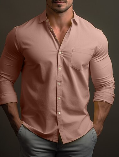  Voor heren Overhemd Overhemd met knopen Normaal shirt Geel Blozend Roze blauw Lange mouw Effen Revers Dagelijks Vakantie Voorvak Kleding Modieus Casual Comfortabel