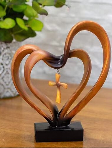  escultura de resina de corazones entrelazados, escultura de resina jesús corazones entrelazados cruz decoración estatua oficina en casa, regalo del día de San Valentín