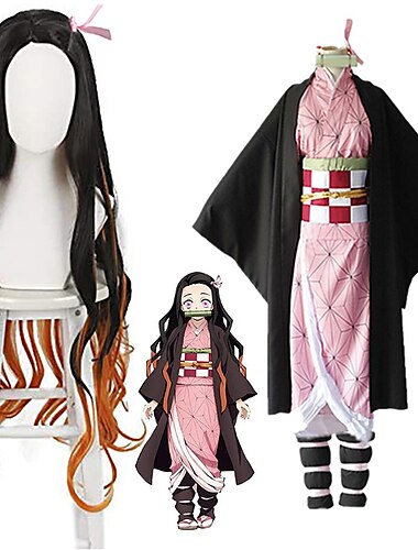 デーモンスレイヤーに触発：キメツのヤイバ 竈門禰豆子 アニメ コスプレ衣装 日本のコスプレスーツ コート 下着 ニーパッド 女性用 / ロープ / サッシュ / リボン / ロープ / サッシュ / ウィッグ付きリボン
