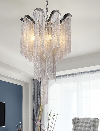  Moderne gewellte silberne Quasten-Kronleuchter aus Aluminiumkette, kreatives Licht, Luxus-Dekoration, Pendelleuchte, für Wohnzimmer, Esszimmer, Home-Deco-Pendelleuchte