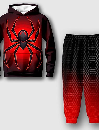  Мальчики 3D SPIDER Комплект с капюшоном и спортивными штанами Набор Длинный рукав 3D печать Осень Зима Активный Мода Круто Дети 3-12 лет на открытом воздухе Отпуск Для улицы Стандартный