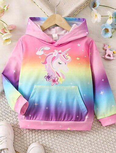  בנות תלת מימד קשת חד-קרן צבע הדרגתי קפוצ'ון Pullover ורוד שרוול ארוך הדפסת תלת מימד סתיו חורף פעיל אופנתי סגנון חמוד ילדים 3-12 שנים 4-12 שנים בָּחוּץ קזו'אל יומי רגיל