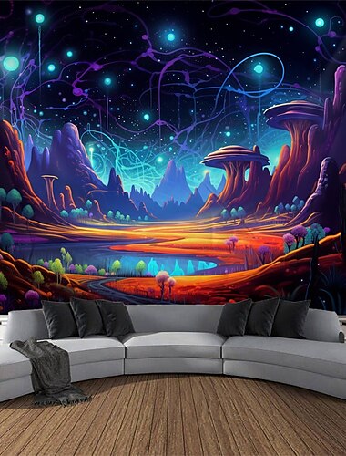  arazzo a luce nera reattivo ai raggi UV che si illumina al buio festa al neon psichedelico montagna nebbiosa fungo arazzo appeso arte murale per soggiorno camera da letto