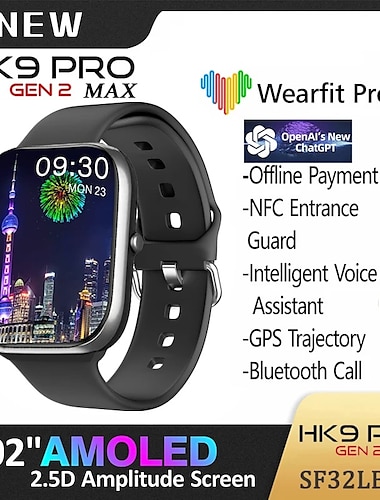 HK9 PRO MAX Montre intelligente 2.02 pouce Smartwatch Montre Connectée Bluetooth ECG + PPG Podomètre Rappel d'Appel Compatible avec Android iOS Femme Hommes Longue Veille Mode Mains-Libres Imperméable